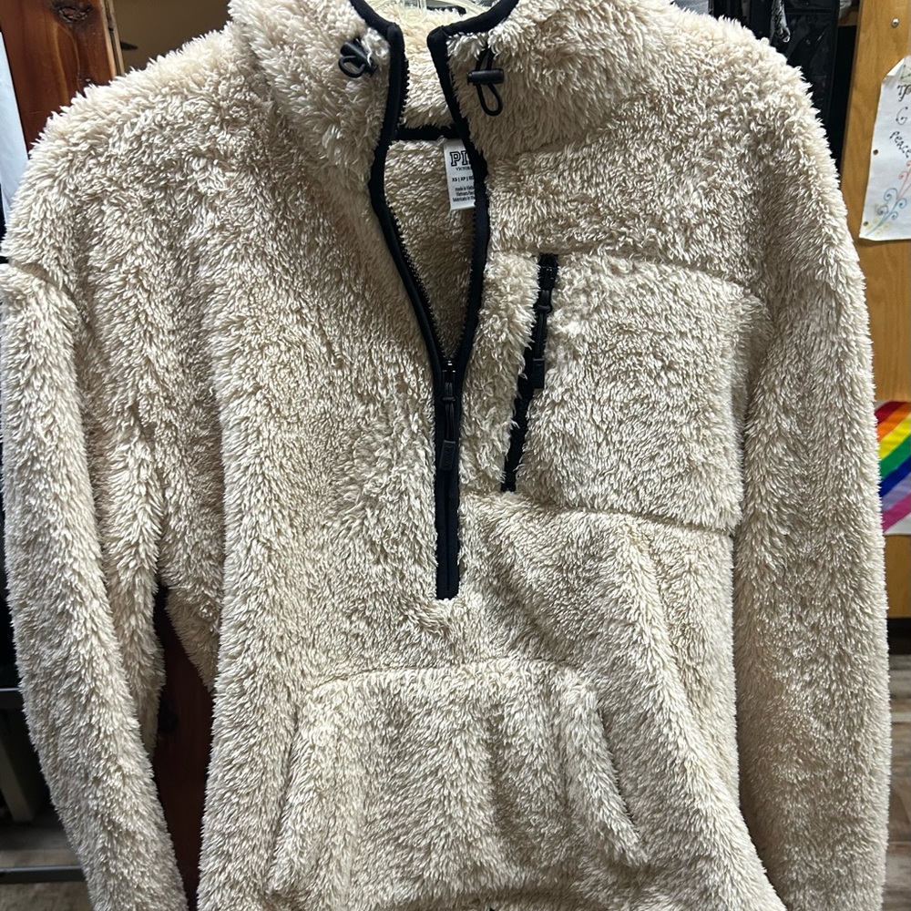 PINK Beige Sherpa Fleece Sweater